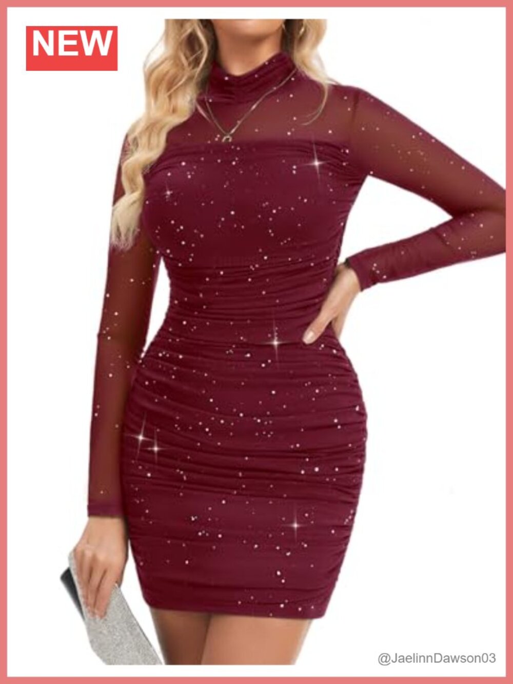 Meetjen Ruched Bodycon Mini Dress Sheer Mesh Long Sleeve Mock Turtleneck Sequin